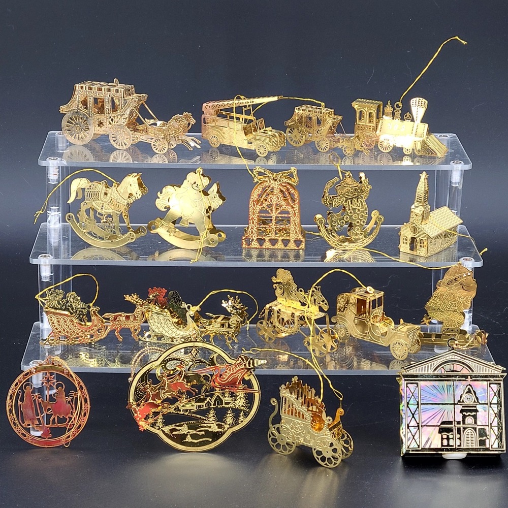 Vintage Lot of 18 Metal Filigree Gold Tone 3D Christmas Ornaments